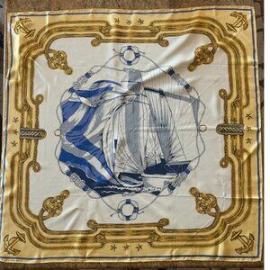 Vintage Wathne Nautical Silk Scarf Golds and Blues, Made in Japan 35" x 35"